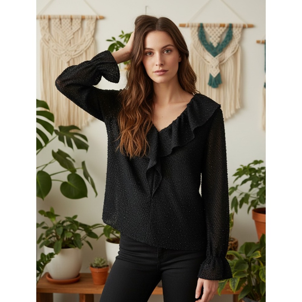 Loft M Black‎ Shimmer Ruffle Swiss Dot V Neck Top Coquette Boho Whimsigoth Moody